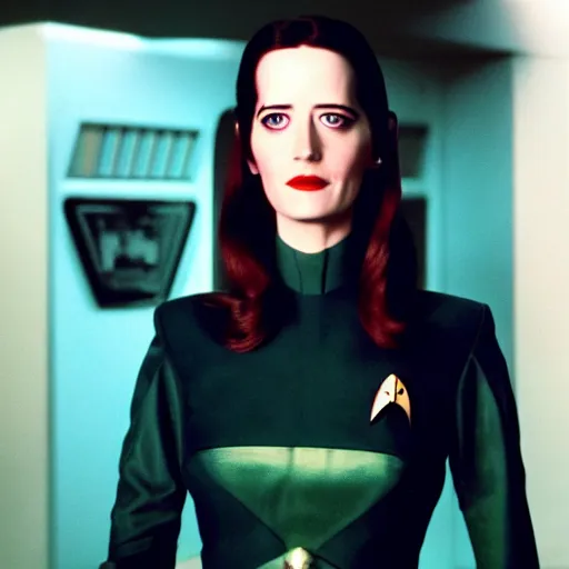 Image similar to a full body photograph of 3 0 year old eva green as a star fleet officer from star trek next generation, extreme realism and detail, 8 k, completely framed, direct lighting, 3 5 mm photo, photorealistic, sharp focus