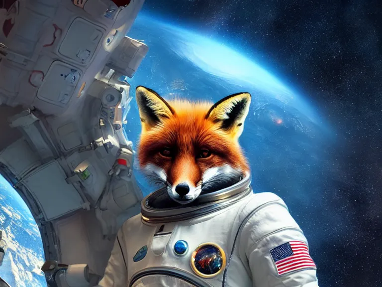 Image similar to fox in space in a spacesuit, RPG Reference, Oil Painting, Trending on Artstation, octane render, Insanely Detailed, 8k, HD