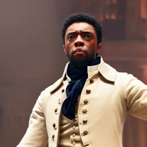 Prompt: a photo of Chadwick Boseman! dressed as John Adams in Hamilton live Broadway musical,