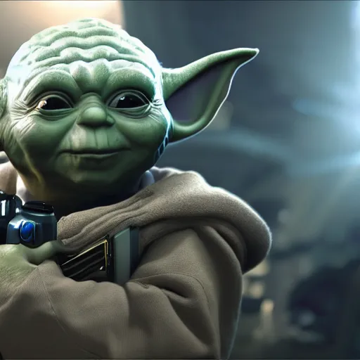 Image similar to yoda as buzz lightyear buzz lightyear in gears of war, splash art, movie still, cinematic lighting, dramatic, octane render, long lens, shallow depth of field, bokeh, anamorphic lens flare, 8 k, hyper detailed, 3 5 mm film grain