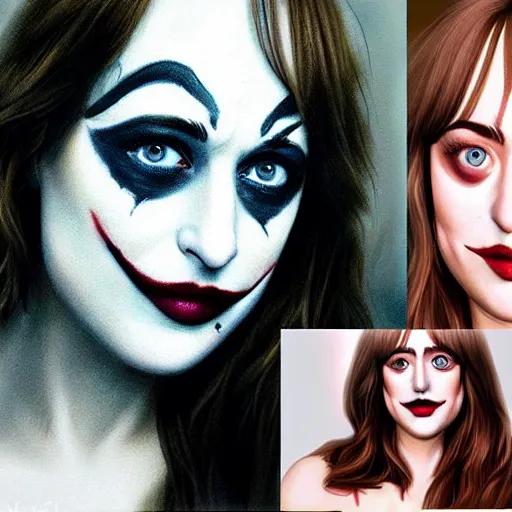 Image similar to beautiful dakota johnson with joker makeup, highly detailed, realistic face, detailed face, amazing digital art