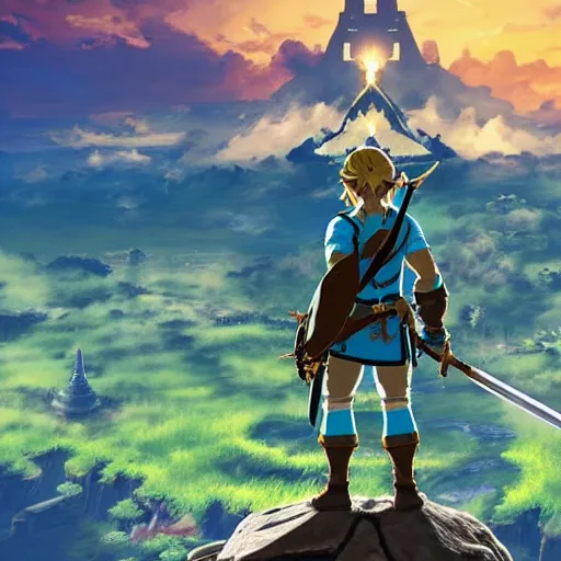 Image similar to Breath of the Wild videogame character Link stands in front of the castle, wielding the master sword, 4k render