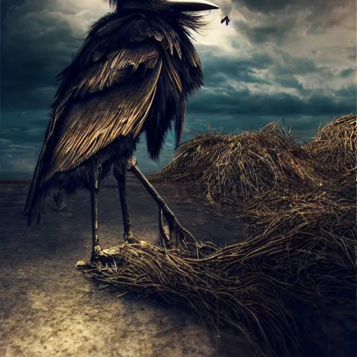 Image similar to Crow Fursuit, centre composition, dark clouds, golden hour, surreal abandoned buildings, dream-like heavy atmosphere, baroque painting, beautiful detailed intricate insanely detailed octane render trending on Artstation, 8K artistic photography, photorealistic, dramatic volumetric cinematic perfect light, chiaroscuro, award-winning photograph, masterpiece,