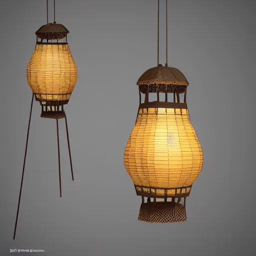 Image similar to A hanging ancient Japanese paper lantern, prop concept art design ,artstation. 3D Model render in maya，C4D. detail