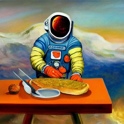 Image similar to An astronaut on the moon without his helmet eating garlic bread with knife and fork on top of a red table and earth in the background,oil painting