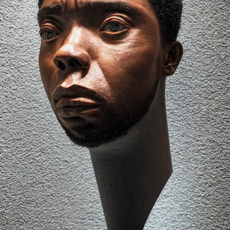 Image similar to beautiful studio photograph of colorful postmodern portrait sculpture of chadwick boseman disappointed, beautiful symmetrical face accurate face detailed face realistic proportions, made of spray - painted granite on a pedestal by ron mueck and matthew barney and greg rutkowski, hyperrealism intense cinematic lighting shocking detail 8 k