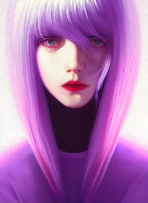 Image similar to hair whitebangs hair, black hair, whitebangs, portrait of teenage girl with white bangs, red irises, purple clothes, white bangs, bangs are different color from hair, intricate, elegant, glowing lights, highly detailed, digital painting, artstation, concept art, smooth, sharp focus, illustration, art by wlop, mars ravelo and greg rutkowski