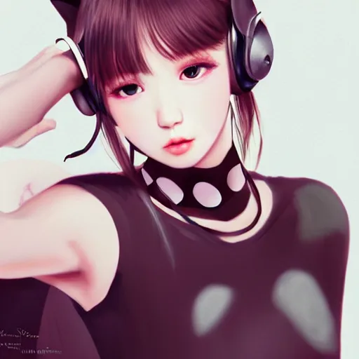 Image similar to realistic detailed semirealism beautiful gorgeous natural cute Blackpink Lalisa Manoban black hair black cat ears, wearing white camisole outfit, headphones, black leather choker artwork drawn full HD 4K high resolution quality artstyle professional artists WLOP, Aztodio, Taejune Kim, Guweiz, Pixiv, Instagram, Artstation