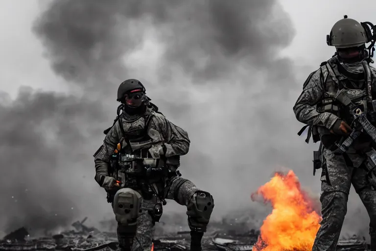 Prompt: Mercenary Special Forces soldiers in grey uniforms with black armored vest and black helmets assaulting a burning exploding devastated London in 2022, Canon EOS R3, f/1.4, ISO 200, 1/160s, 8K, RAW, unedited, symmetrical balance, in-frame, combat photography, colorful