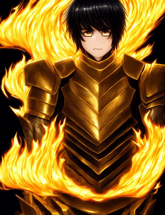 Image similar to a detailed manga portrait of a black haired man with hazel eyes in gleaming golden armour that burns with golden fire, trending on artstation, digital art, 4 k resolution, detailed, high quality, sharp focus, hq artwork, coherent, insane detail, character portrait