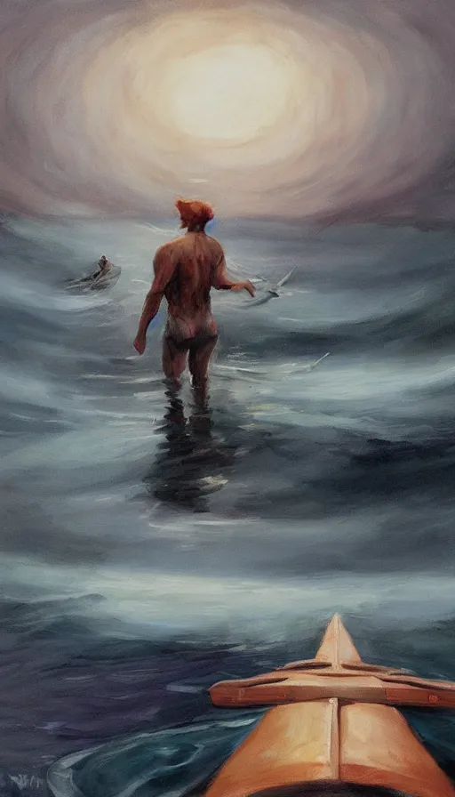 Prompt: man on boat crossing a body of water in hell with creatures in the water, sea of souls, by emilia wilk