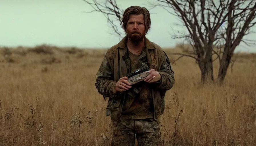 Image similar to lone survivor man holding a radio!! in post - apocalyptic nature landscape. movie screenshot. lush composition by wes anderson, shallow depth of field, cinematic. cinematic composition