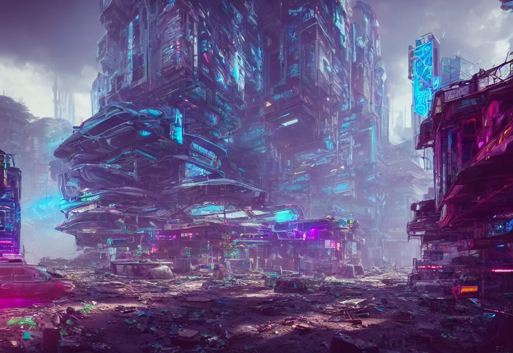 Image similar to A highly detailed crisp unreal engine render of A beautiful futuristic cyberpunk cybertech abandoned building with neon like plants, perfect well made rainbow on the sky, sunlight breaking through clouds, debris on the ground, abandoned machines by wangchen-cg, 王琛,Neil blevins, artstation