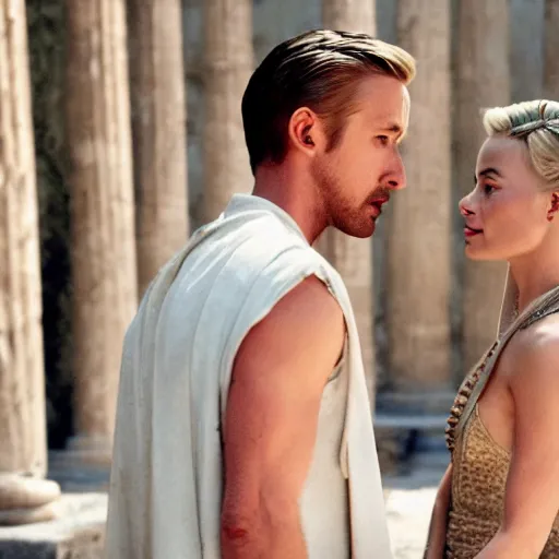 Prompt: still of ryan gosling and margot robbie, in ancient greece