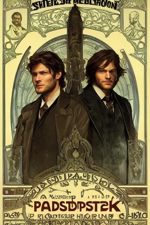 Image similar to a detailed matte portrait of jensen ackles and jared padalecki in a supernatural sherlock holmes story, masterpiece, 8 k, art by alphonse mucha and greg rutkowski