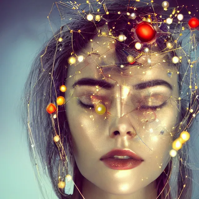 Image similar to portrait of a beautiful futuristic woman layered with high-tech jewelry wrapping around her face and head, golden-silver light with tiny blue, gold, and red gems scattered like dust