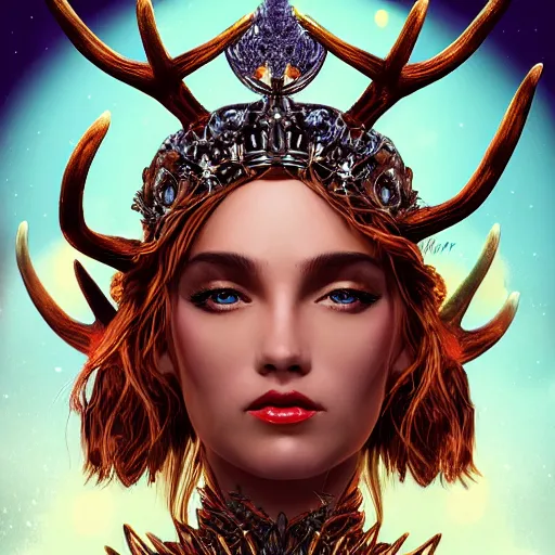 Prompt: highly detailed full body portrait of Artemis, goddess of the hunt and the moon, wearing a crown made of antlers, cinematic lightning, bright colors, intricate, masterpiece, photorealistic, hiperrealistic, sharp focus, high contrast, Artstation HQ, DeviantArt trending, 4k UHD, Unreal Engine 5