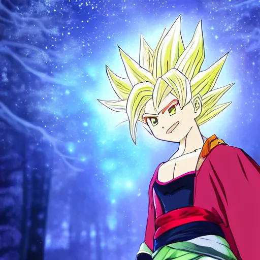 Image similar to portrait focus of Super Saiyan beautiful 3D anime gir!! frozen ice !! blizzard! dark forest background, snowing, bokeh, inspired by Masami Kurumada, digital painting, high contrast, unreal engine render, volumetric lighting, high détail