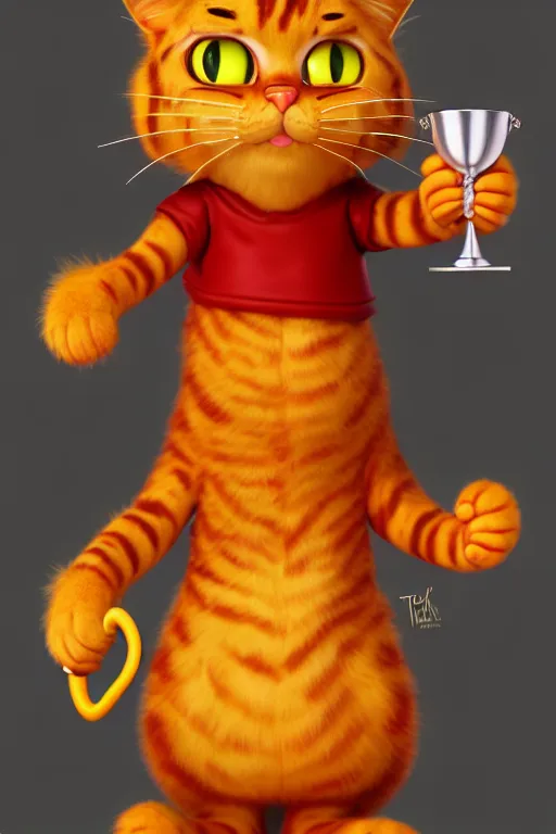 Image similar to fullbody!! personification of garfield the cat garfield god holding a blood chalice, stunning, garfield cat face, hyperrealistic, trending on artstation, smooth and sharp, intricate, highly detailed, elegant, professional character concept art by tatyana kupriyanova