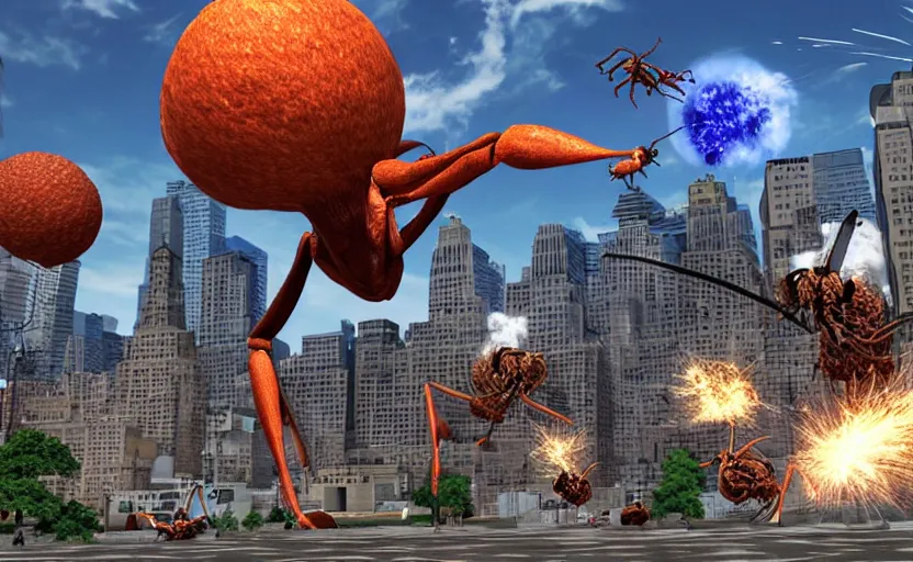 Image similar to giant ant attacking new york, edf, earth defense force