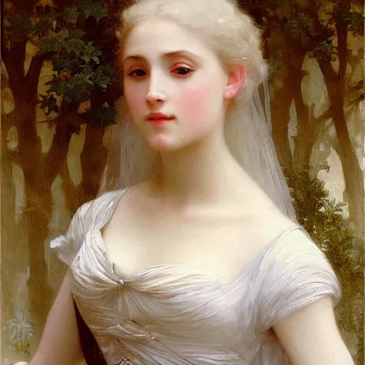 Image similar to portrait painting of a princess, close-up, highly beautiful, elegant, graceful, platinum hair, pale, by Bouguereau, highly detailed