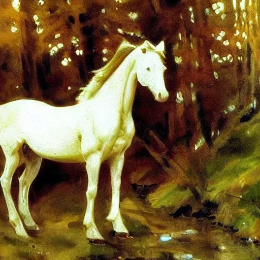 Prompt: A beautiful water painting of an elf Horse in the forest, John Singer Sargent