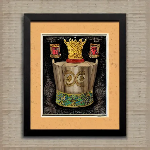 Image similar to sloth as the king of cups, coper crown, poster framed, intricate details, medieval art style, high contrast, posterized