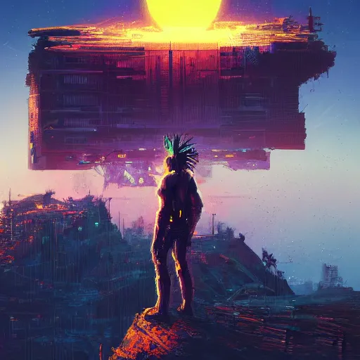 Prompt: a cyberpunk zulu warrior sitting on a cliff watching a meteor fall to earth from a distance, by alena aenami and android jones and greg rutkowski, Trending on artstation, hyperrealism, elegant, stylized, highly detailed digital art, 8k resolution, hd, global illumination, radiant light, detailed and intricate cyberpunk ghetto environment, rendered in octane, oil on canvas, wide angle, dynamic portrait