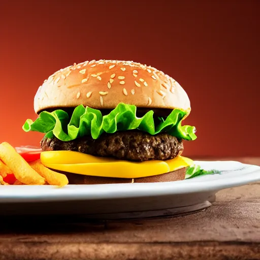 Image similar to 85mm food photograph of the perfect cheeseburger shot on 35mm film, studio lighting, 8k