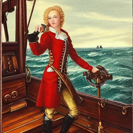 Prompt: a fierce, beautiful, friendly, calm, blonde, well - dressed, steampunk, covered, armed, pirate captain, standing on the deck of her ship gazing at the horizon through a spyglass ready for battle in 1 7 3 0, award - winning painting