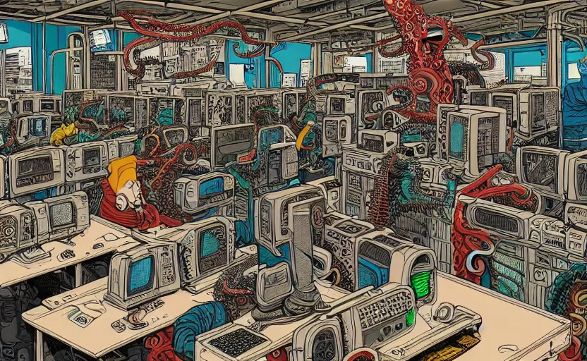 Image similar to hyper-detailed, intricate, illustration of a computer lab being overrun by tentacles, cyberpunk, high saturation, in the style of Geof Darrow