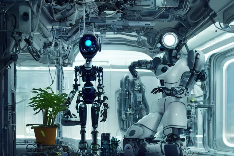Image similar to androgynoid robot taking care of plants with a female scientist on the spaceship, beautiful lighting, cinematic lut, shallow depth of field, ultra realistic, hyper - detailed, sci - fi movie style, coherent composition, john harris