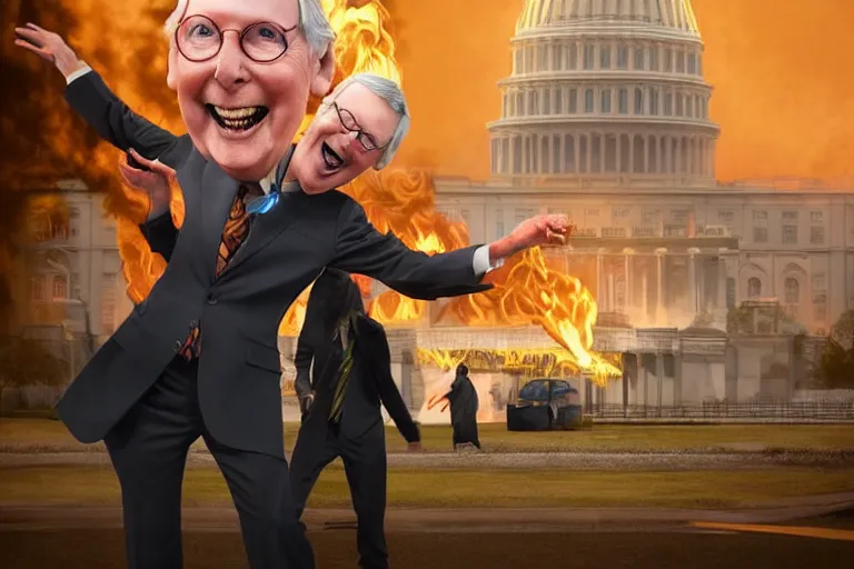 Prompt: senator mitch McConnell laughing maniacally in front of a burning capitol building, digital illustration by artgerm and face by wlop, octane render