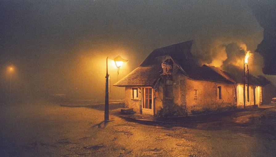 Image similar to 1 9 7 0 s movie still of a heavy burning french style little house in a small north french village by night, rainy, foggy, cinestill 8 0 0 t 3 5 mm, heavy grain, high quality, high detail, dramatic light, anamorphic, flares