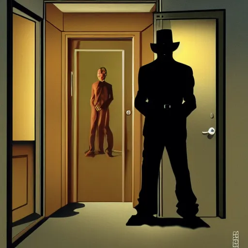 Image similar to an accountant working late does not notice the shadowy figure whose silhouette fills the door to his office. high quality high detail painting by david mattingly and ralph mcquarrie and richard corben, hd, realistic matte painting, photorealistic lighting, modern supernatural urban horror aesthetic.