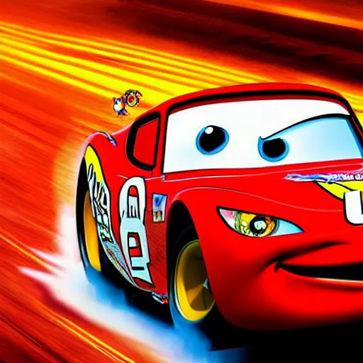 Image similar to lightning mcqueen beating old cars comic style high resolution