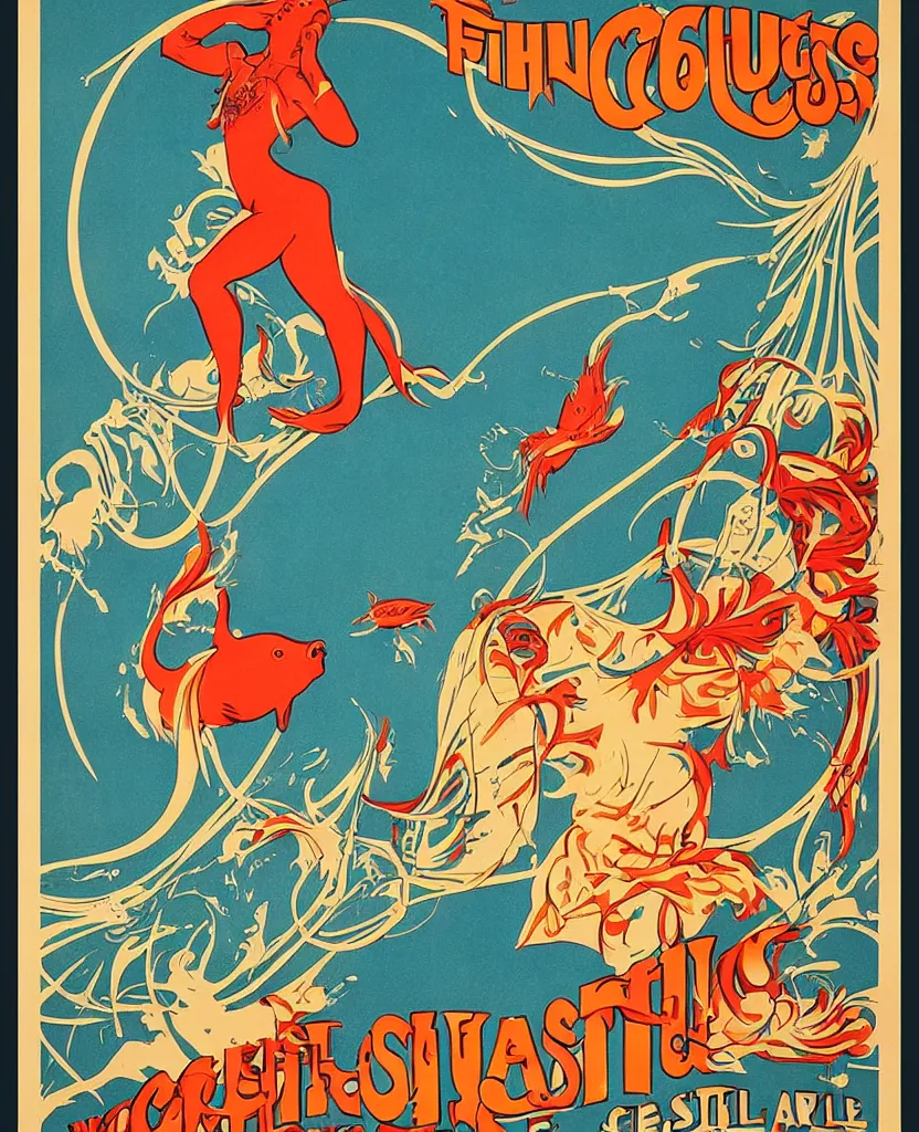 Prompt: vintage poster for the traveling fish circus, art nouveau, vibrant