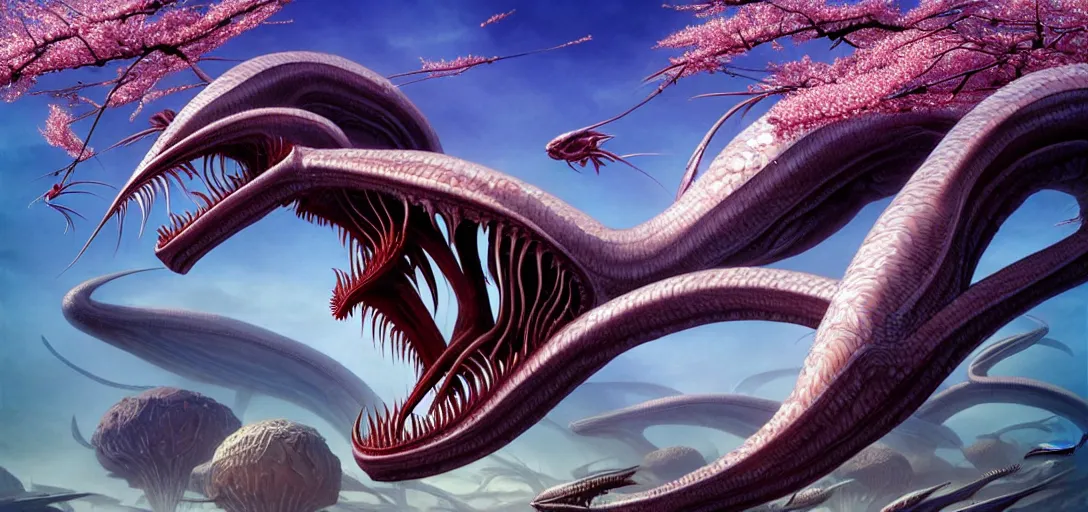 Image similar to photo of an alien fish with long fangs in the style of roger dean, realistic, sharp focus, 8 k high definition, insanely detailed, intricate, elegant, art by greg rutkowski and artgerm, extreme blur cherry blossoms background