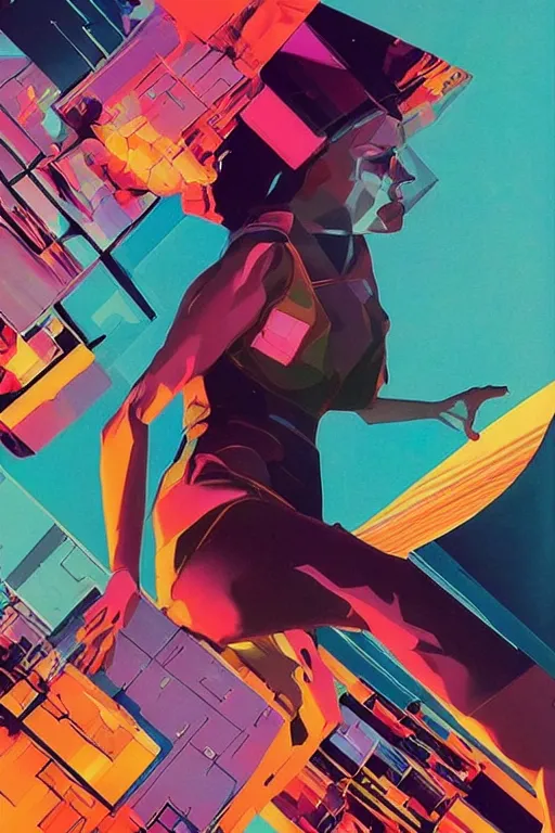 Prompt: wideangle action, girl falling through the flow zone, decoherence, synthwave, glitch!!, fracture, vortex, realistic, hyperdetailed, concept art, golden hour, art by syd mead, cubism