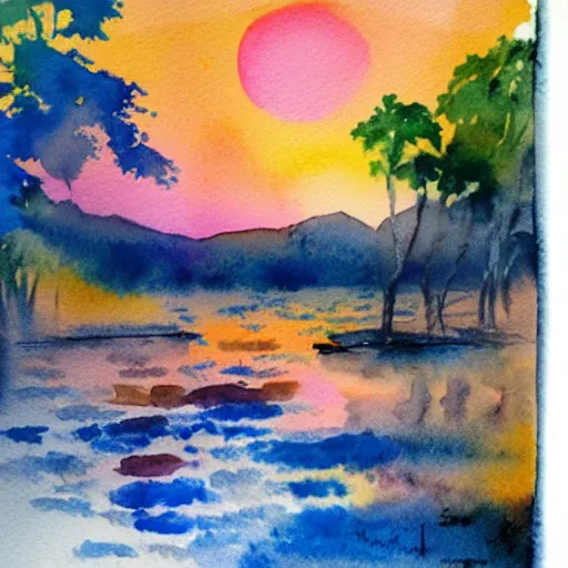 Image similar to iridescent watercolor painting of sunset RIo de Janiero