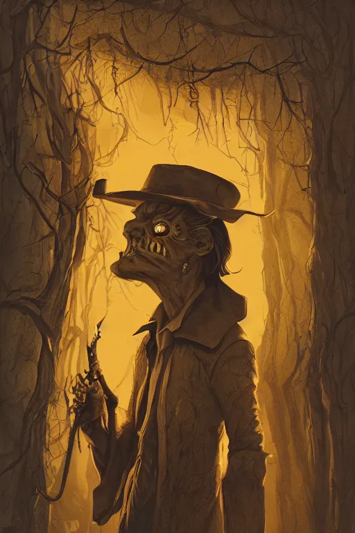 Image similar to the man in the yellow hat in sleepy hollow, full body, big two toned eyes, teeth gritted, horror, intricate details, cinematic, epic, realistic, anatomy, tomer hanuka, uplight, artstation, photorealistic, scary