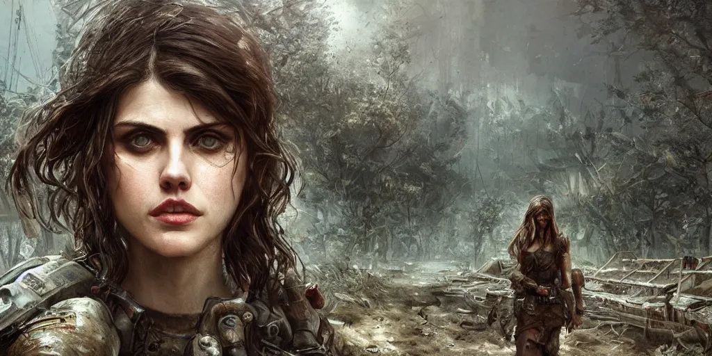 Prompt: Alexandra Daddario walking in a post apocalyptic landscape, overgrown city, fantasy, high detail, elegant, digital painting, cinematic lighting, vibrant, intricate, textured skin, highly detailed, artstation, sharp, focus, HDR, unreal engine 5, breathtaking, illustration