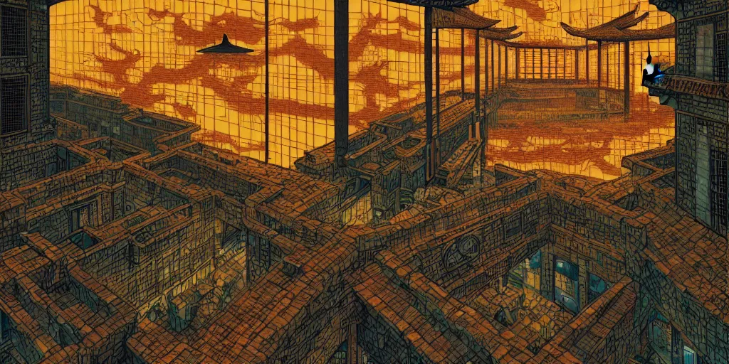 Image similar to artwork of a chinese prison by dan mumford and toshi yoshida and peter doig, vintage scifi, highly detailed, dramatic lighting, 8 k