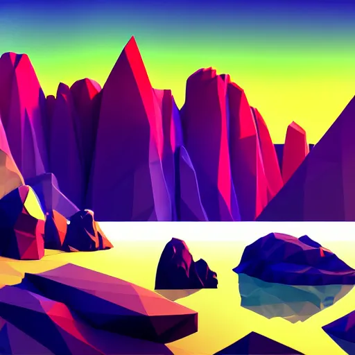 Image similar to super detailed color lowpoly art, northern sunset with rocks on front, monochrome photorealistic bay in the middle of perspective and mountains at background, big graphic vessel in the middle of composition, unreal engine, high contrast color palette, 3 d render, lowpoly, colorful, digital art, perspective, full volume composition, robb cobb, robert mccall, syd mead