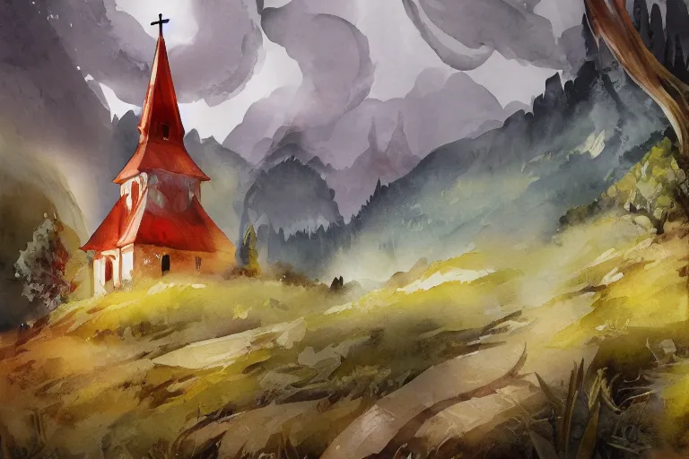 Image similar to small centered on watercolor paper, paint brush strokes, abstract watercolor painting of traditional scandinavian wooden church with tower, viking dragon decor, translucent leaves, cinematic light, national romanticism by hans dahl, by jesper ejsing, by anders zorn, by greg rutkowski, by greg manchess, by tyler edlin