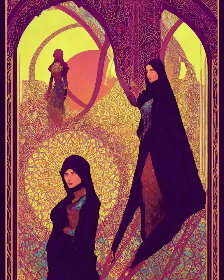 Prompt: portrait of an islamic empress combined with a surreal islamic style ornamental gate in the desert opening into an other dimension. by vincent di fate, james jean, dom qwek greg rutkowski alphonse mucha. ornament, intarsia, ambient lighting, atmospherical, photorealistic fantasy concept art, trending on art station, stunning visuals, creative, cinematic, ultra detailed