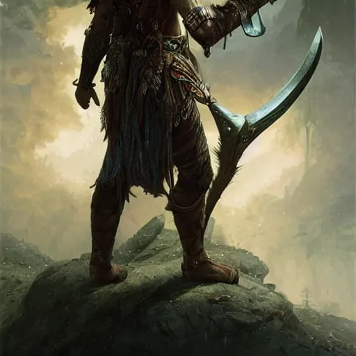 Image similar to a beautiful ultradetailed portrait of a elven elite warrior! beautiful large battle axe in his hand, with a lion pelt on his back, by greg rutkowski, karol bak and peter mohrbacher, volumetric lighting, magical realism, dark, elf,