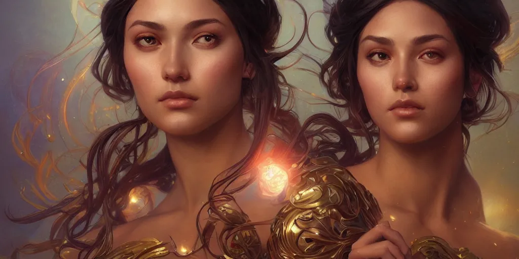 Prompt: epic portrait an star goddess, glowing , beautiful, glossy skin, intricate, full frontal shot, highly detailed, digital painting, artstation, concept art, sharp focus, illustration, art by artgerm and greg rutkowski and alphonse mucha