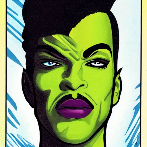 Image similar to a portrait of prince as the comic book villain gemini. half his face is white with green hair. in the style of herbert bayer