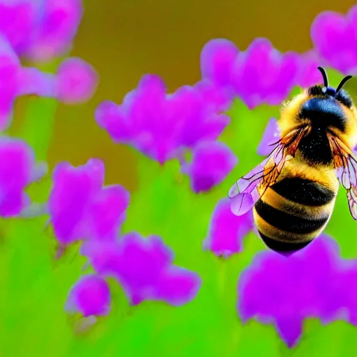 Prompt: a bee landing on bright purple flowers with a yellow center, close up dslr photo